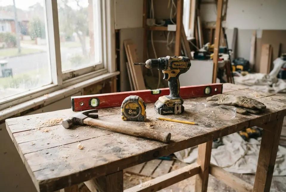 A builder's tools on a workbench