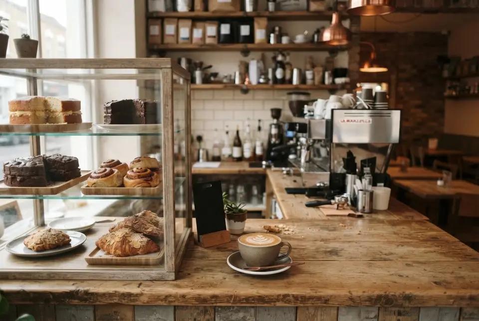 Cakes and a flat white on a café counter