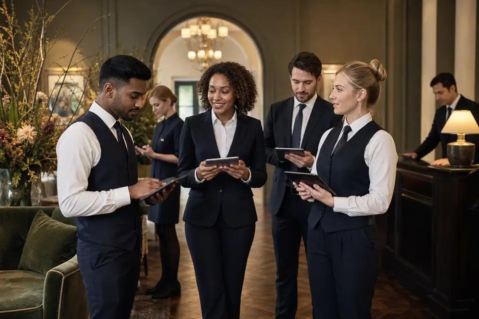 Hotel staff checking the day's plan on tablets