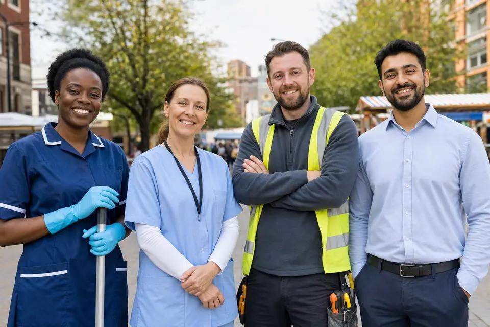 A cleaner, a nurse, a builder and an office worker on a London street