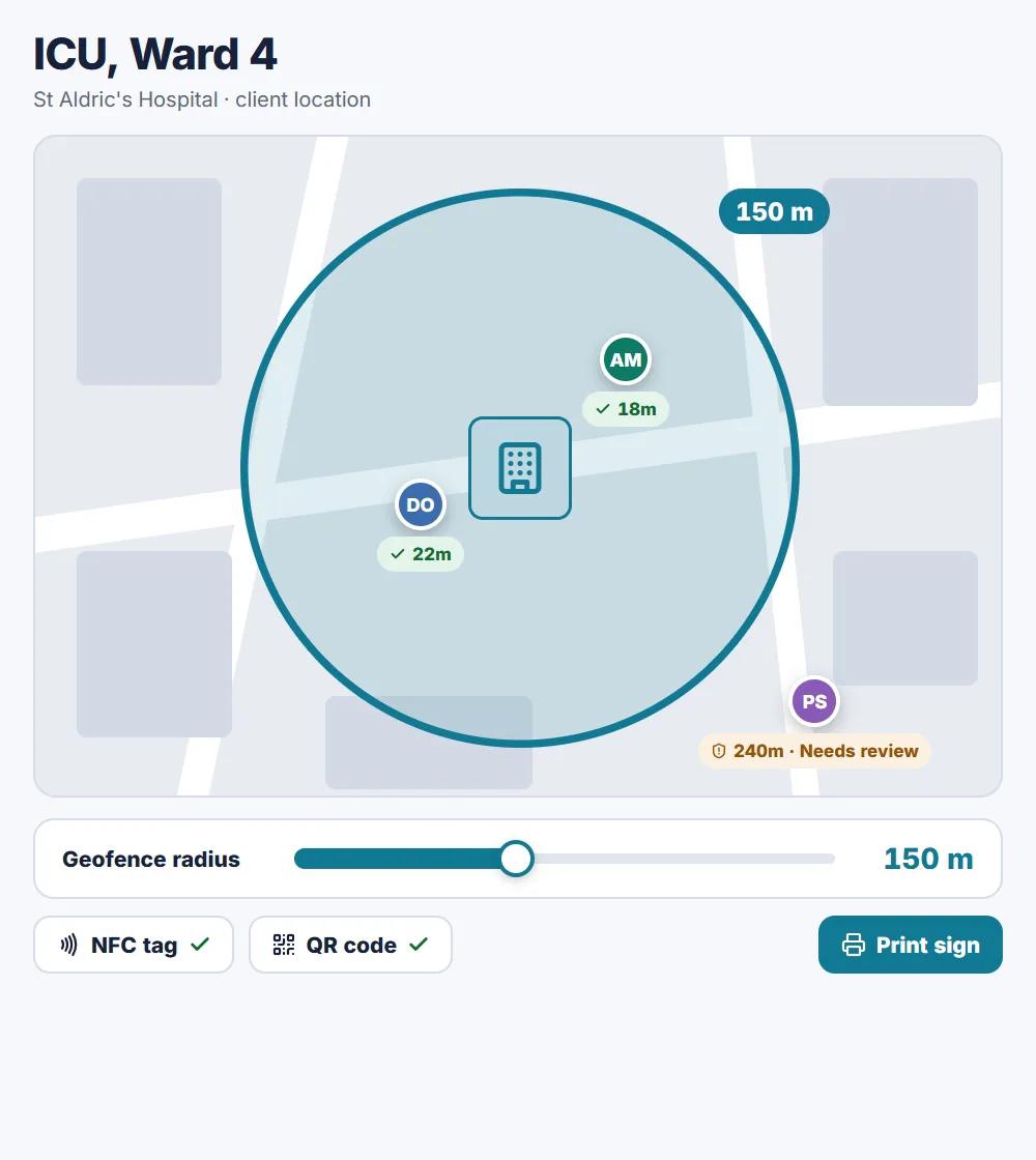 ProBellon client site settings with the clock-in radius set on a map