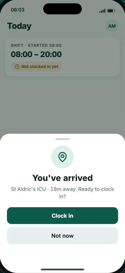 WorkMix asking 'Have you arrived?' as the worker reaches the hospital