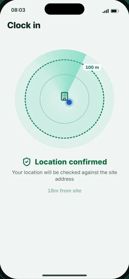 WorkMix confirming the worker's location inside the site radius